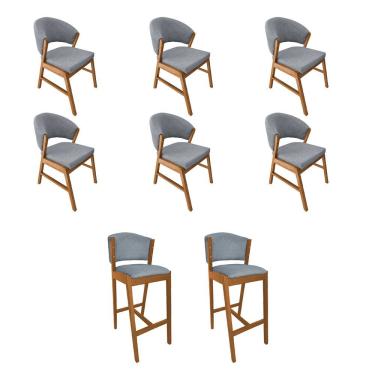 Imagem de Kit 6 Cadeiras De Jantar Debora Madeira Maciça Com 2 Banquetas Ana Cerejeira Premium Linho Cinza