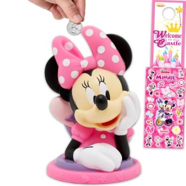 Imagem de Conjunto de cofrinho Minnie Mouse – Pacote com 17,78 cm Minnie Moeda Economiza Dinheiro Pote de Notas Plus Adesivos, Mais | Disney Money Bank para crianças, meninas