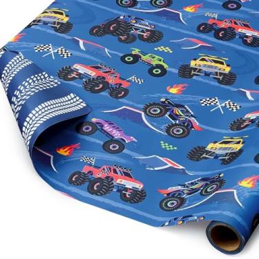 Imagem de WERNNSAI Papel de embrulho Monster Truck – 1 rolo de papel de embrulho reversível Monster Jam Truck para crianças, meninos, aniversário, caminhão azul, embalagem de presente para tema de corrida