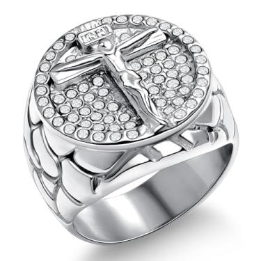 Imagem de Oaldilee Anel de cruz masculino crucifixo de zircônia cúbica de aço inoxidável para homens, banhado a ouro 18 K, preto, anel de Jesus Cristão Religioso de Prata, Tamanho 7-14, Metal, Zircônia cúbica