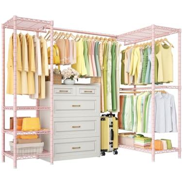 Imagem de ULIFHOME Suporte de roupas E10L em forma de L para canto (com haste expansível) Suporte de roupas independente para pendurar roupas, suporte portátil para roupas 147-203 cm L x 76 cm P x 182 cm A