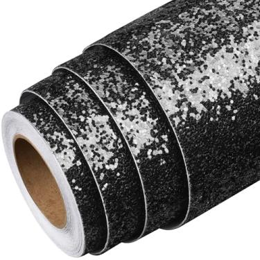 Imagem de Livelynine Papel de parede de lantejoulas pretas de 40 x 500 cm, descasque e cole o papel de parede preto grosso de vinil com glitter texturizado para locatários, papel de contato brilhante para