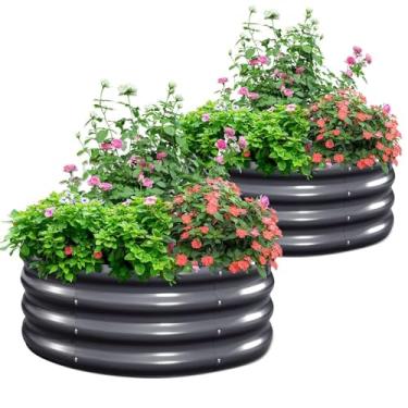 Imagem de KING BIRD Canteiro de jardim elevado galvanizado redondo para jardinagem, plantas, vegetais, flores, cinza escuro, 60 x 59 x 30 cm, 2 pacotes