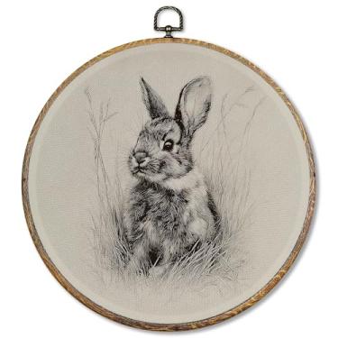 Imagem de Pugwak Decoração de parede redonda de coelho de fazenda vintage, arte em tela de coelho com desenho de país neutro, arte rústica de coelho de fazenda, decoração para pendurar na parede para casa