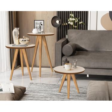Imagem de Kit 3 Mesas Lateral Apoio e Centro 40cm Pés Palito cor Off white / Freijó - Comprar Moveis em Casa