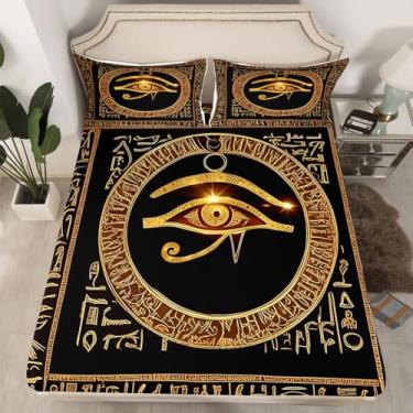 Imagem de Jogo de lençol casal com estampa de olhos do Egito Antigo Egito, dourado e preto com símbolo do Egito, para adultos, adolescentes e mulheres, homens, velho geométrico, pirâmide de faraó, para quarto