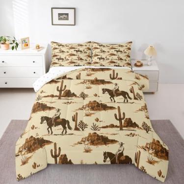 Imagem de jejeloiu Conjunto de edredom para todas as estações, caubói do Velho Oeste com 2 fronhas, design grunge, microfibra e Queen, para decoração de quarto, edredom respirável, macio e leve