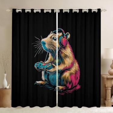 Imagem de Cortinas engraçadas de capivara para crianças, meninos, meninas, quarto, videogame, animal, decoração de sala de jogos, cortinas para janelas, preto, marrom, tratamentos de janela, 106 x 150 cm, 2
