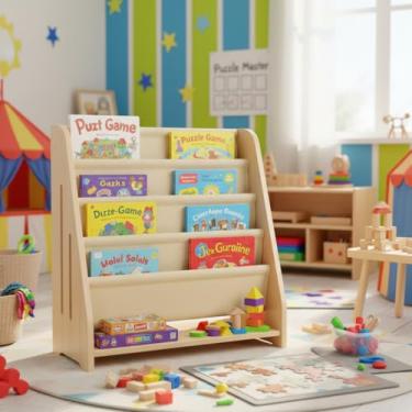 Imagem de AMMEHOELA Estante de livros infantil Montessori de madeira, design holandês, 5 camadas, padrão de madeira natural