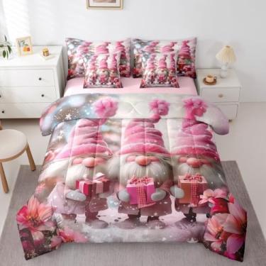 Imagem de Erosebridal Conjunto de edredom feminino de gnomos rosa, tamanho solteiro, com lençol de Natal e gnomos fofos, conjunto de cama de 7 peças para crianças, adolescentes e adolescentes, conjunto de