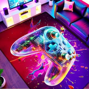 Imagem de Tapete de área de jogos neon de 2,7 x 3,6 m para quarto de meninos, tapete colorido para decoração de quarto de jogadores, tapete de videogame antiderrapante para sala de jogos de adolescentes ou zona