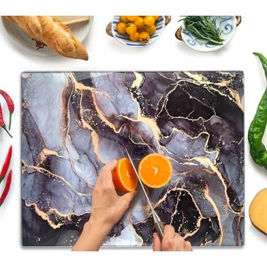Imagem de Kitchenville Tábua de corte de vidro 51 x 40 cm: protetor de balcão de cozinha de vidro temperado - durável - resistente a arranhões, à prova de calor - Design 8 - cinza e dourado