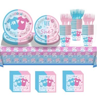 Imagem de Kit de suprimentos de pratos de festa para revelação de gênero, festa de aniversário de menino ou menina, chá de bebê, pratos descartáveis rosa e azul, guardanapos, toalha de mesa, copos de papel