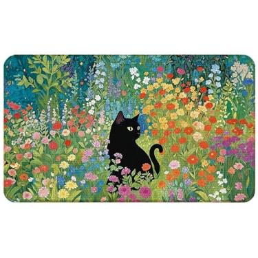 Imagem de WARDOS Tapete de porta de boas-vindas preto floral, tapete de porta para amantes de gatos, capacho floral para porta da frente, varanda, entrada interna, gatos em decoração colorida de flores