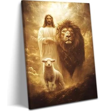 Imagem de Arte de parede em tela emoldurada Jesus leão e cordeiro pôsteres cristãos dourados impressões inspiradoras pinturas religiosas arte leão de Judá igreja decoração de parede pintura para sala de estar