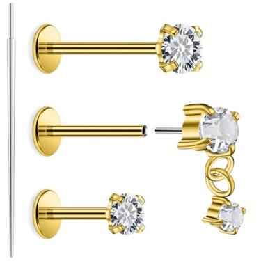 Imagem de Xnsjeyy 20G 18G 16G Astm F136 brincos de titânio sem rosca com costas planas brincos de nariz tragus para frente hélice concha cartilagem lóbulo brincos stud medusa labret monroe piercing de lábio