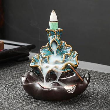 Imagem de Queimador de incenso de refluxo de cerâmica, decoração criativa para casa, queimador de incenso de refluxo em forma de peixe artesanal, aproveite o aroma de sândalo (B-2 Lotus Leaf Blue)