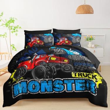 Imagem de QOOMO Jogo de cama casal com 7 peças, caminhão para crianças e adolescentes, inclui 1 edredom, 1 lençol com elástico, 1 lençol de cima, 2 fronhas estampadas e 2 fronhas pretas