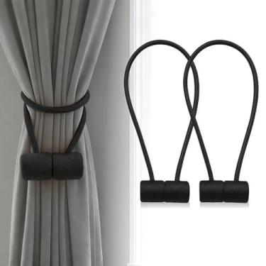 Imagem de 2 peças de amarração magnética de cortina, laços modernos de corda para cortinas, sem perfuração, sem danos, retenções decorativas para sala de estar e quarto/preto