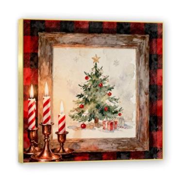 Imagem de Moldura dourada. Arte de parede de tela de Natal rústica vintage, fundo preto xadrez búfalo aconchegante com elementos clássicos de férias, decoração de parede de casa de fazenda para sala de estar