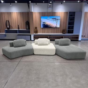 Imagem de Sofá Ilha Sala de Estar 2 Módulos e Chaise Dakota Encosto Almofadas Soltas Bouclê Rústico Cinza/OffWhite G33 - Gran Belo