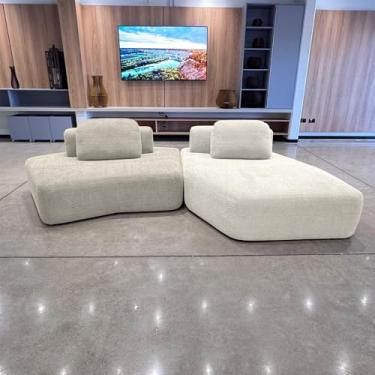 Imagem de Sofá Ilha Sala de Estar Modulado Dakota com Chaise Encosto Almofadas Soltas Bouclê Rústico Greige/OffWhite G33 - Gran Belo