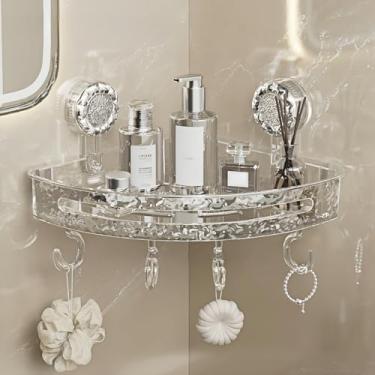 Imagem de Prateleira de canto com ventosa sem perfuração para banheiro e cozinha, rack de armazenamento montado na parede com ganchos, acabamento prateado