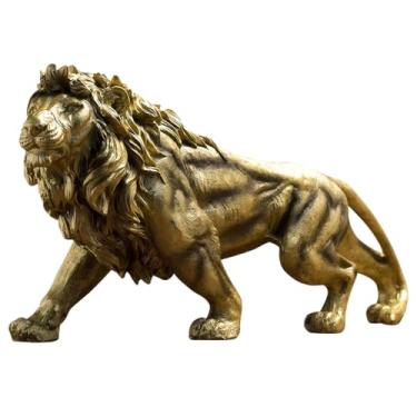 Imagem de YANTIANCAI Estátua de leão dourada de 38 cm, escultura, resina, presentes colecionáveis para amantes de leões fortes, decoração de casa, acessórios de mesa, decoração de jardim, estatuetas (douradas)
