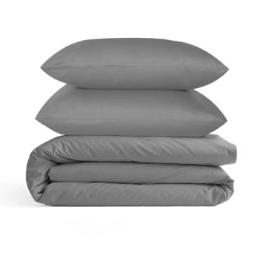 Imagem de URBANHUT Conjunto de capa de edredom tamanho Queen (3 peças), 100% algodão, capa de edredom de cetim luxuosa, macia e respirável com fecho de botão oculto e 2 fronhas - cinza escuro