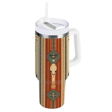 Imagem de Kigai Copo de impressão tribal nativo americano de 1,134 g com tampa e canudo, copo isolado de aço inoxidável durável à prova de vazamento com alça, garrafas de água à prova de derramamento para