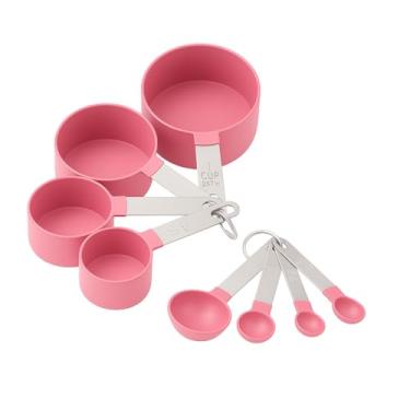 Imagem de Kit 8 Peças Medidoras de Cozinha em Plástico PP Livre de BPA e Aço Inox - Colheres e Copos Dosadores (COR ROSA)