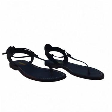 Imagem de Sandália Rasteira Feminina em Couro Preto, Tiras Delicadas, Salto 1cm, Numeração 34 a 40, para Uso Casual e Passeio