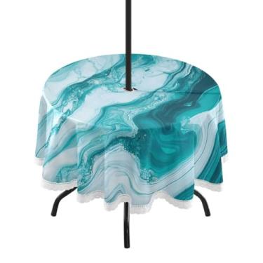 Imagem de CEBUGI Toalha de mesa redonda para uso ao ar livre, estampa de mármore branco azul-petróleo, impermeável, com furo Umberlla, capa de mesa lavável para pátio, cozinha, sala de jantar, 152 cm