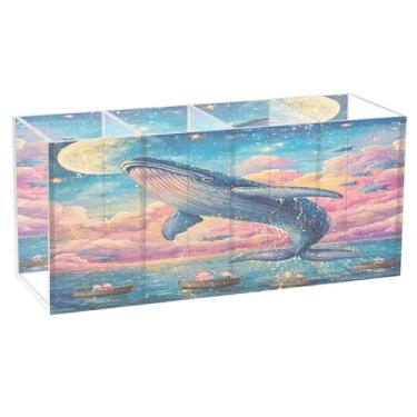 Imagem de Burbuja Porta-canetas acrílicas A Whale Jumps Out Of Sea com 4 compartimentos, suporte de lápis transparente para pincéis de maquiagem fixos, acessórios de mesa de escritório em casa