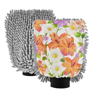 Imagem de STAYTOP Luvas de lavagem de carro com padrão floral, 2 peças, luvas de microfibra de chenille, sem arranhões, panos de esponja de lavagem ultra absorventes para carros, limpeza doméstica - L
