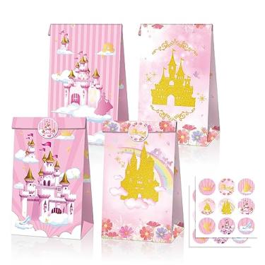 Imagem de 24 peças de sacos de presente com tema de castelo de princesa, conjunto de 4 designs reversíveis com adesivos decorativos, perfeitos para aniversários de princesinhas, festas temáticas e todas as