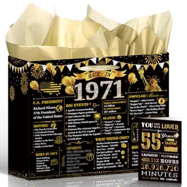 Imagem de Wxiben Bolsa de presente de aniversário de 55 anos - Saco de presente de 55º aniversário de ouro rosa com alças para cartão de felicitações de papel, artigos de festa de aniversário para mulheres de