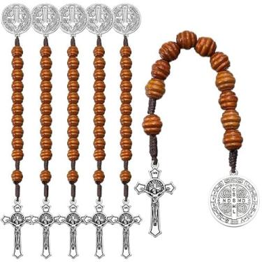 Imagem de Weyuley 6 contas de madeira marrom com medalha de São Bento e cruz adequadas para homens e mulheres, um presente de oração católica, free size, Zinco, Strass