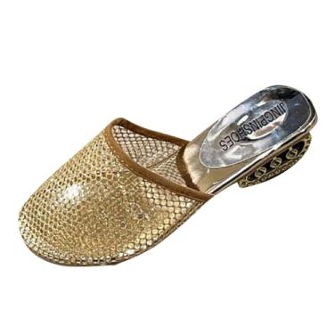 Imagem de Moda casual versátil Baotou malha agasalho primavera verão chinelos confortáveis lazer ao ar livre calçado malha material, Dourado, 38