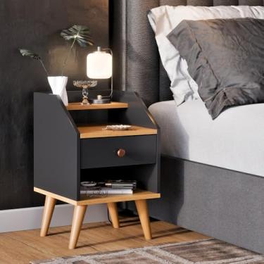 Imagem de Mesa de Cabeceira Pés Palito Retrô Criado Com 1 Gaveta Quarto Decoração (Preto-Freijó)