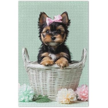Imagem de Quebra-cabeça de cachorrinho de Yorkshire Terrier fofo com 1000 peças para adultos, divertido, cenas de inverno, flores, pintura animal, 75 x 40 cm