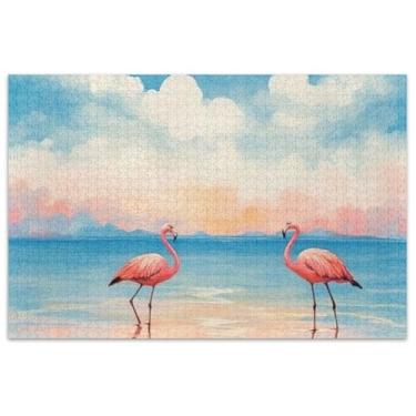 Imagem de Flamingos Praia Aquarela Adultos 1000 Peças Quebra-cabeça Família Amantes Presentes Família Quebra-cabeça Arte Decoração