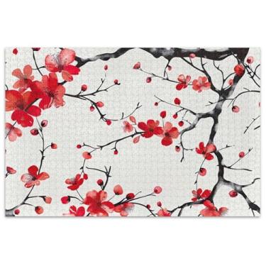 Imagem de Quebra-cabeça flor vermelha flores de cerejeira adultos quebra-cabeça 1000 peças elefantes brancos presentes mordaça presente quebra-cabeça arte decoração