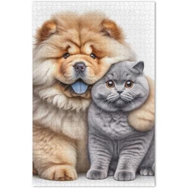 Imagem de Chow Chow Quebra-cabeça de cachorro abraço gatinho gato 1000 peças para adultos elefante branco paisagem quebra-cabeça família brinquedo arte, 75 x 40 centímetros