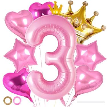 Imagem de Balões de aniversário de princesa, conjunto de balões rosa com coroa número 3 de 101 cm, coroa de estrela de coração, balões de alumínio para meninas, decoração de festa de 3º aniversário, suprimentos