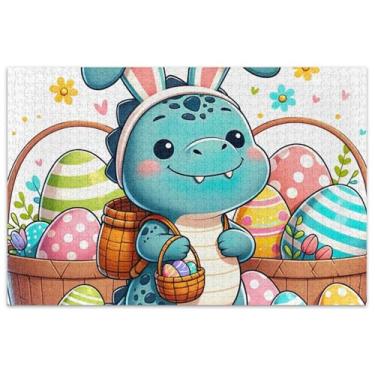 Imagem de Quebra-cabeça engraçado dinossauro coelho Páscoa 1000 peças adulto jogo tecnologia presentes difíceis quebra-cabeças arte flor