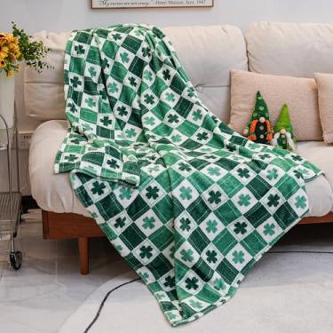 Imagem de Cobertor de Dia de São Patrício Estampa Trevo Verde | 127 cm x 152 cm Manta de lã felpuda ultramacia | Design xadrez irlandês para sofá, cama, sofá, decoração de casa (verde)