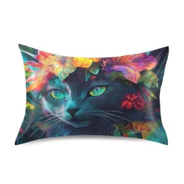 Imagem de Travesseiros de cetim com flores tropicais gato preto místico floral refrescante padrão king queen travesseiro decoração de quarto estética tamanho padrão 66 cm x 50 cm