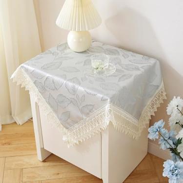Imagem de Toalha de mesa de cabeceira quadrada pequena bordada floral capa de mesa de cabeceira de pano rústico toalha de mesa lateral de fazenda com acabamento de renda para quarto, cômoda, festa, cozinha