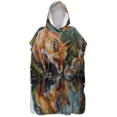 Imagem de Joisal Roupão de mudança de poncho de surfe para adultos toalhas de banho com capuz vestíveis homens mulheres poncho com capuz floresta esquilo raposa